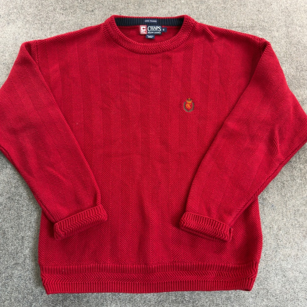 Vintage Chaps Ralph Lauren Red Cotton Hand Framed Crest Sweater Size Small